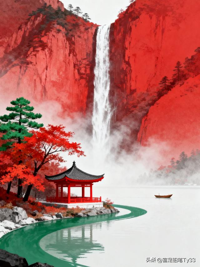 秋日仙境，红叶映碧水，古塔倚瀑布，静谧如画！