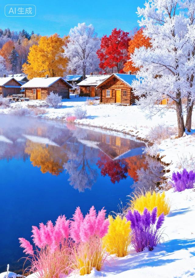 雾凇裹枝，湖映彩林，粉黄紫草绽于雪间，秋冬撞色绘仙境