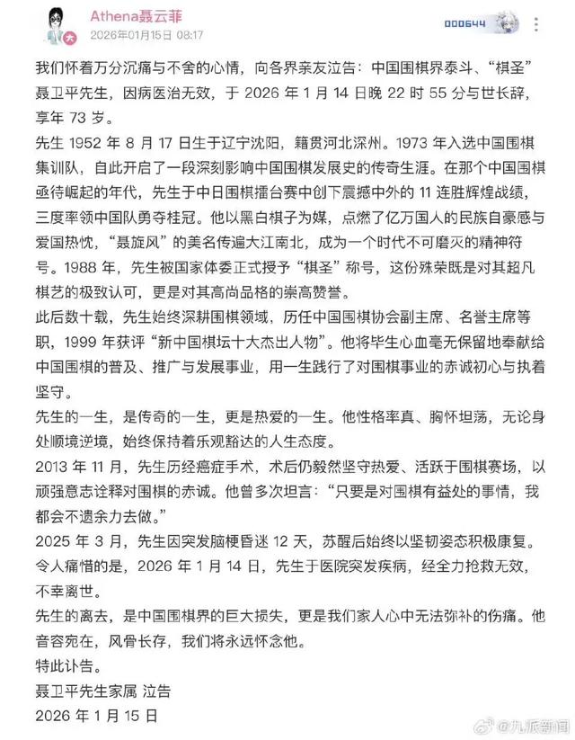 聂卫平病逝，家属发讣告：去年曾脑梗昏迷12天，苏醒后积极康复	，2026年1月14日于医院突发疾病抢救无效离世