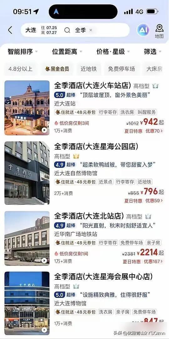 大连的酒店令人心碎！全季、亚朵都2000，就连如家都达到800了