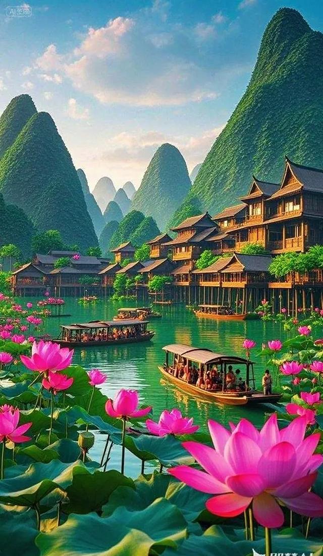 舟行碧波上，人在荷中游
