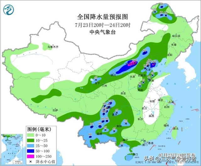 本轮强降雨中心已定，明日7月25号天气预报，暴雨大暴雨分布如下