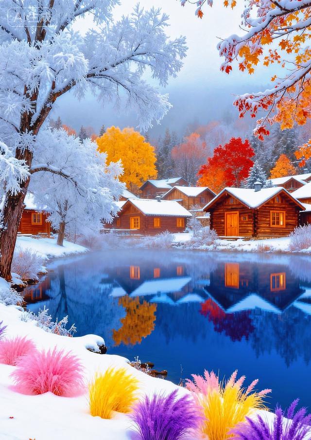 雾凇裹枝，湖映彩林，粉黄紫草绽于雪间，秋冬撞色绘仙境