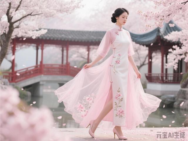 米白色梦幻旗袍美女图片鉴赏（末尾附ai提示词）