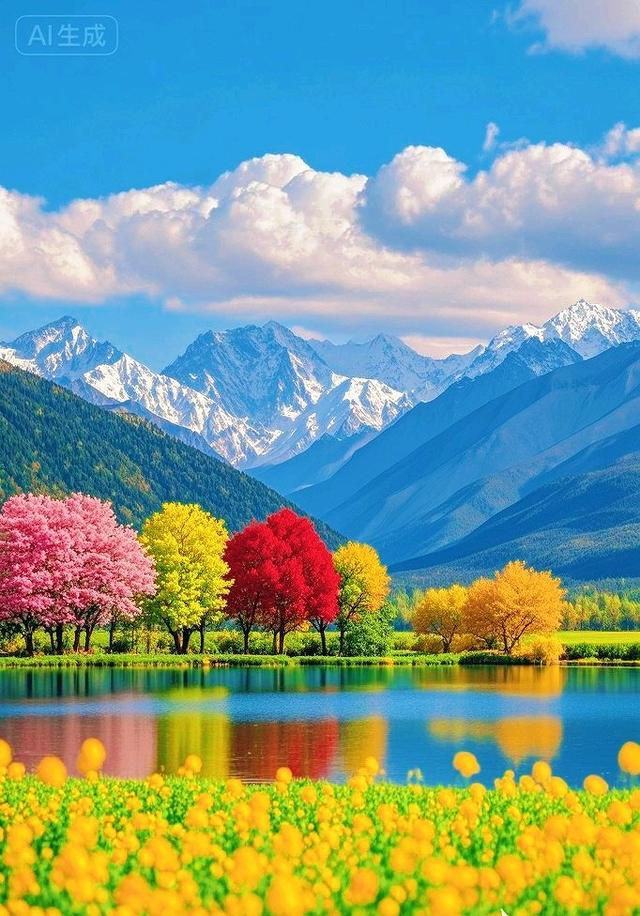 雪山湖畔，五颜六色树绘就绝美治愈画卷