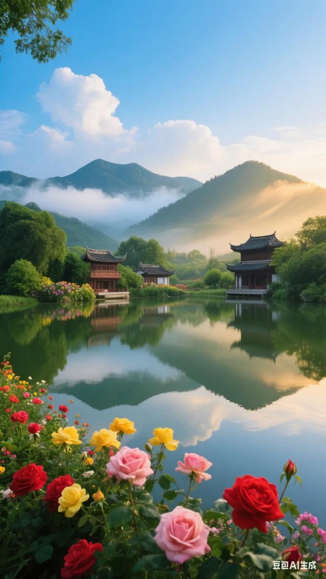 梦幻般的世外桃源，静谧的湖面倒映着古色古香的建筑，宛如仙境！