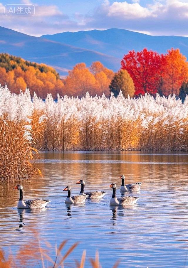 秋湖漾金波，灰雁悠然游，彩林裹暖光，好治愈～
