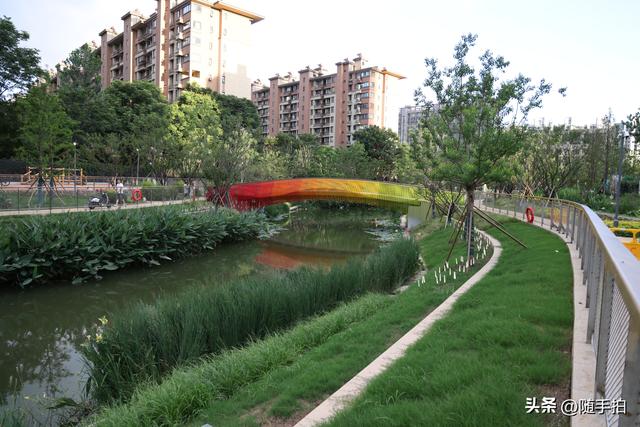 实拍江苏苏州昆山花桥梅浦河海绵城市公园，“会呼吸”的绿地