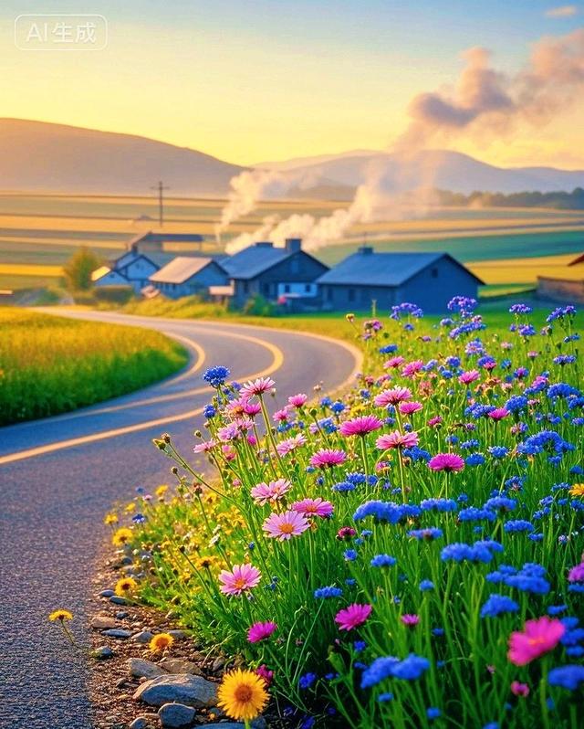 乡间小路蜿蜒，穿过花海，通向村落，落日余晖洒遍，真的好唯美呀