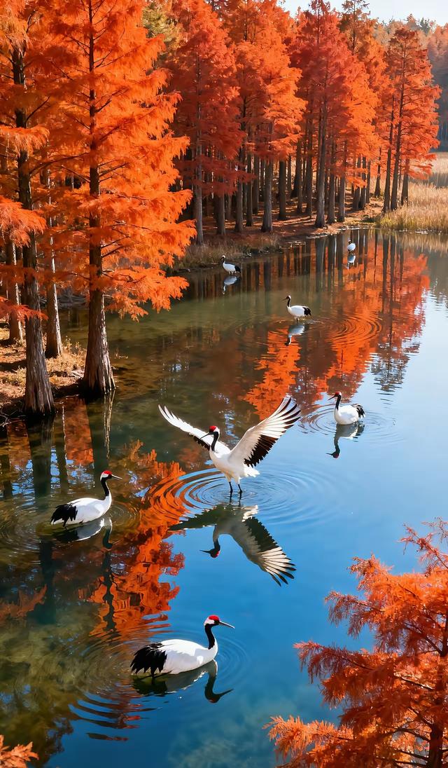 丹頂点秋红，林影酔湖光