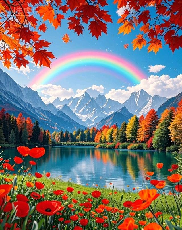 彩虹染秋林，花海醉湖山