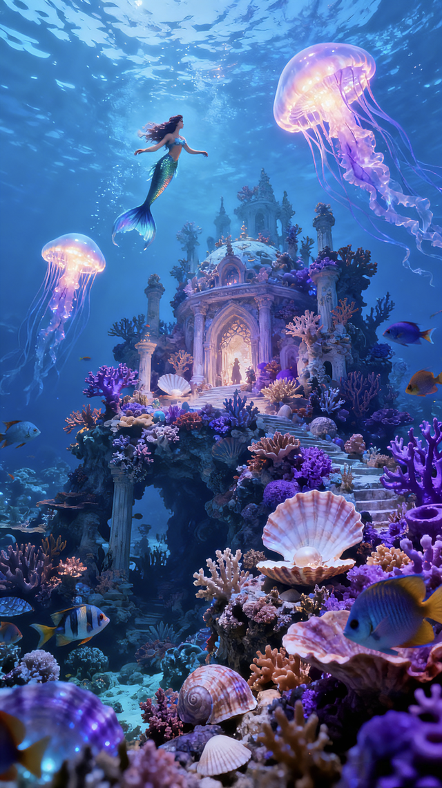 在梦幻海底城堡中，美人鱼伴彩色鱼群、发光水母悠然畅游。