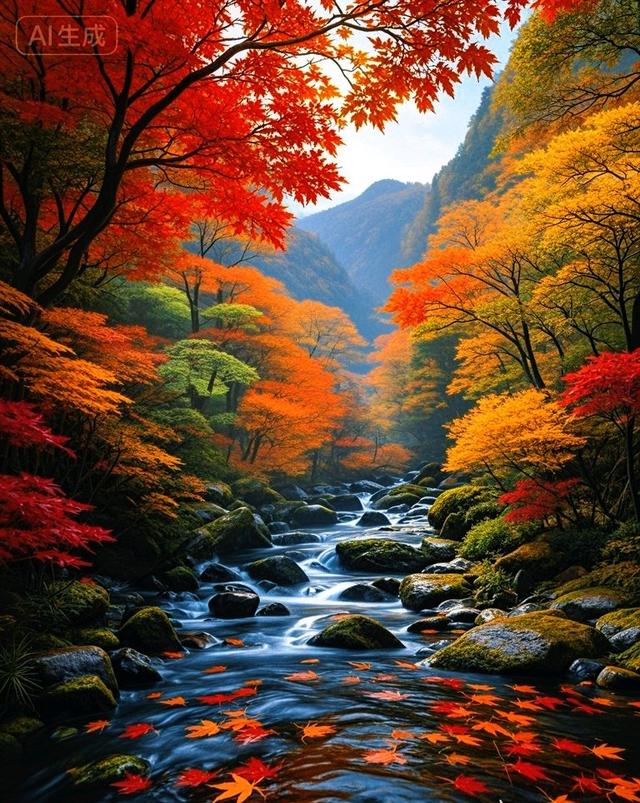 深山秋溪红枫舞，石上清泉彩叶流