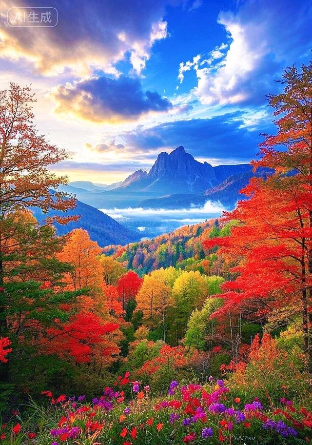 峰隐云间，秋林尽染