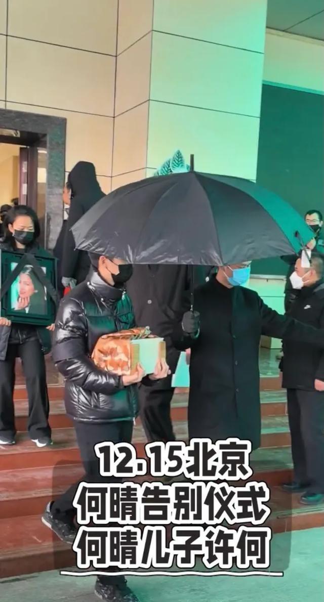 许何弯着腰抱着何晴遗像，背影很难过，许亚军没来给何晴撑伞！