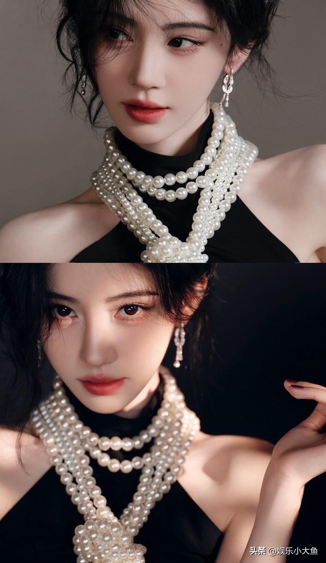 鞠婧祎出席星光大赏活动，黑色露肩长裙配珍珠项链，腰肢纤细好美