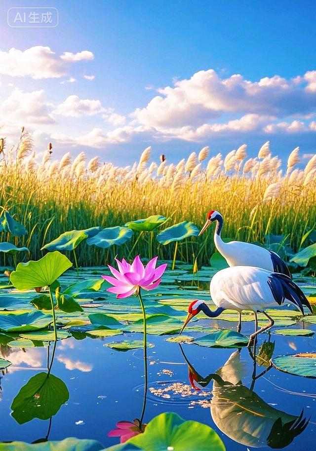 晴云铺绵，碧荷拥莲，双鹤栖塘漾波，天地尽是清灵柔美风光