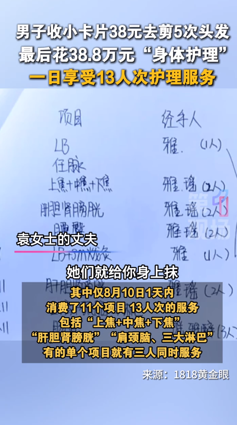 男子在美容院花30多万做身体护理项目	，妻子：一天接受13人次服务，还有3人同时服务
