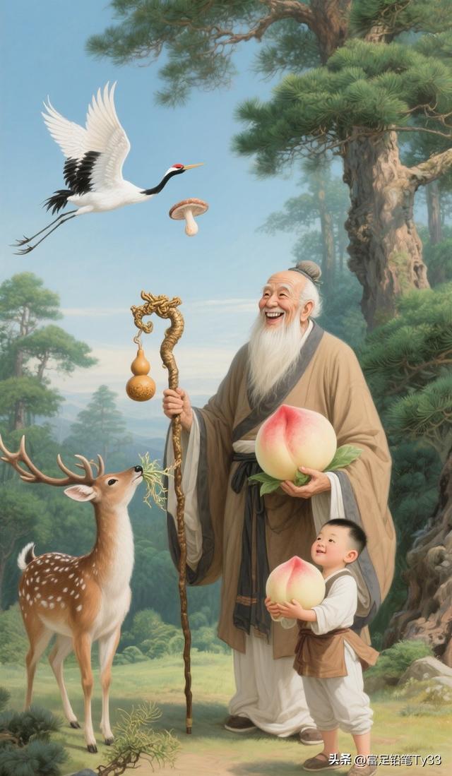 探秘桃源仙景：仙翁孩童共品仙桃，鹿鹤相伴谱悠然曲！