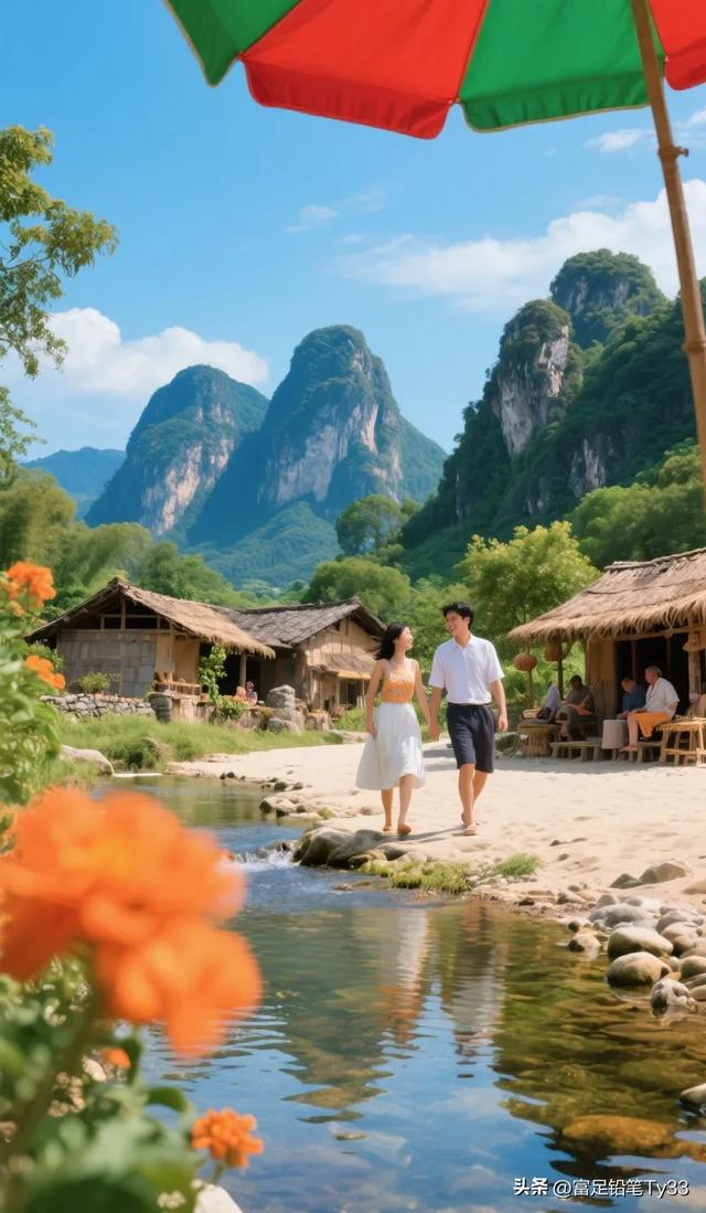“山间小溪边，情侣漫步，如画美景，心旷神怡”