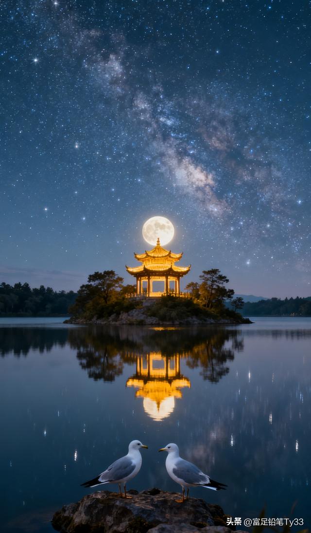 月光下的湖畔古塔，星河璀璨，宁静如画！