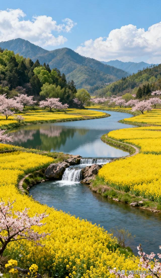 田园铺锦春光灿，花海翻波草色鲜，风拂柳丝摇梦幻斑斓春色醉心间