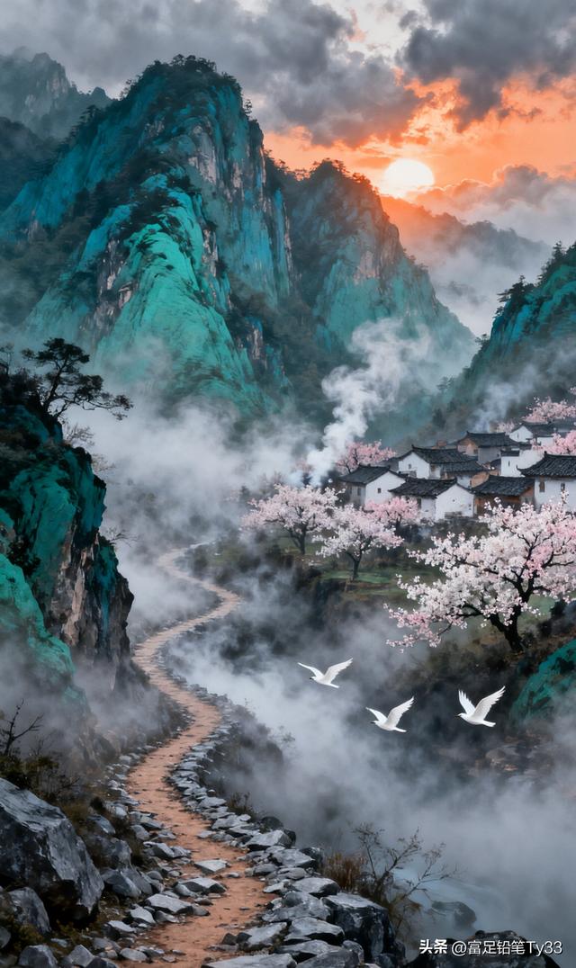 云雾缭绕的世外桃源，粉嫩樱花映衬古村落，仙境般的宁静与美丽！