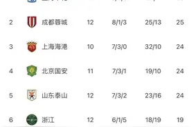 中超最新积分榜：蓉城4-1第2，天津4-2第7，海港第3，泰山第5图片