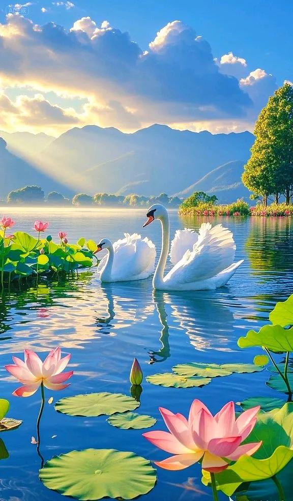 湖景天鹅荷花，大自然的治愈系美景