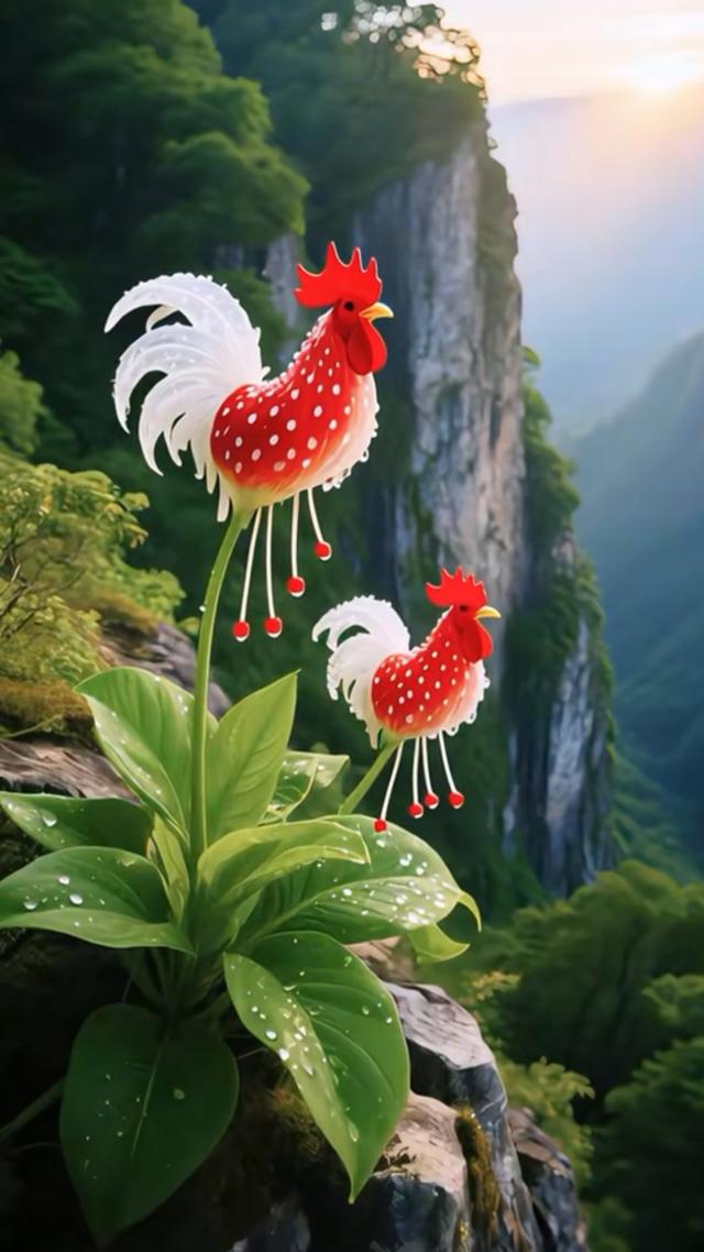 奇花热烈地绽放着，如昂首挺胸的大公鸡，火红的冠子昂扬。
