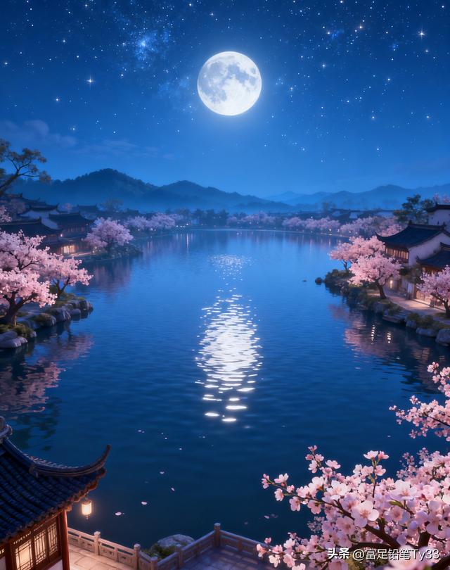 月色如水，樱花飘落，静谧夜晚的诗意美景！