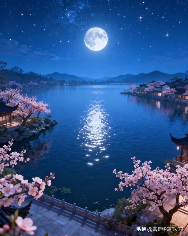 月色如水，樱花飘落，静谧夜晚的诗意美景！