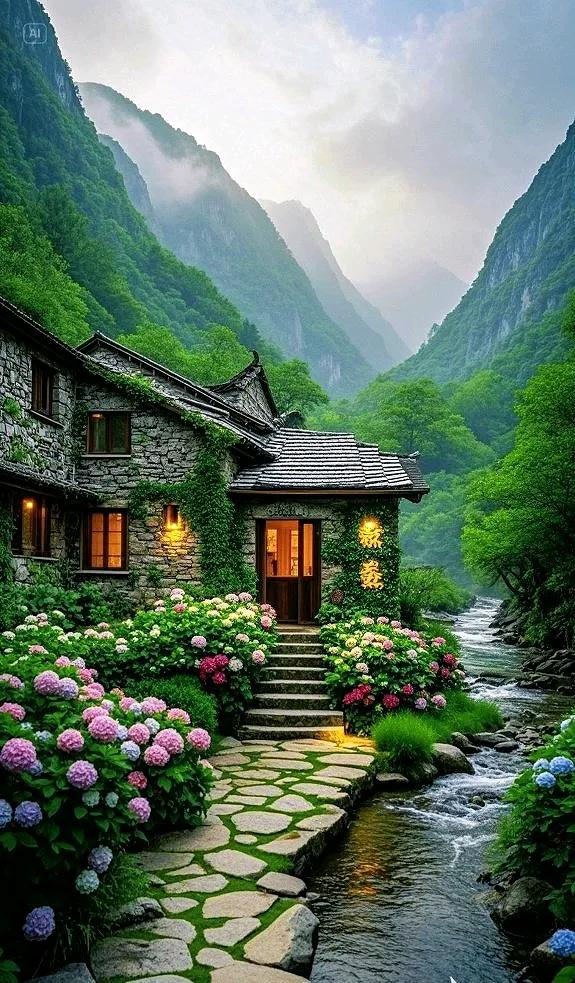 山谷花径绕屋，环境清幽得像世外桃源