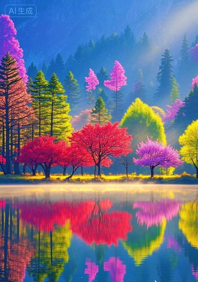 树染湖光，这湖景是把所有色彩都铺成了画