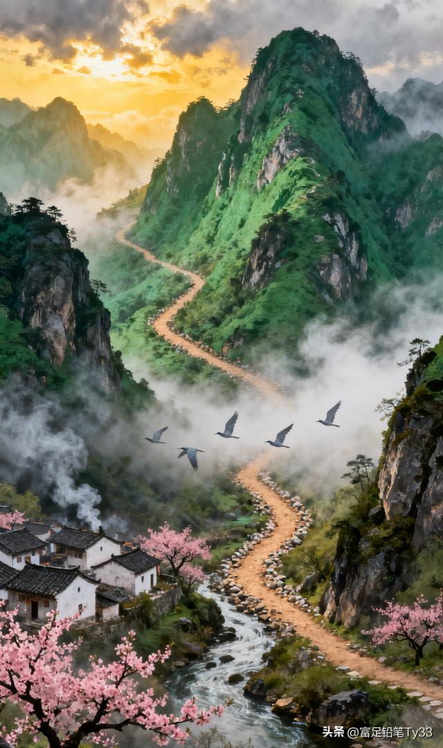 云雾缭绕的世外桃源，粉嫩樱花映衬古村落，仙境般的宁静与美丽！