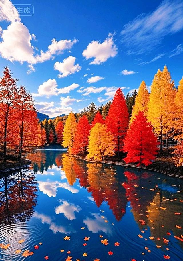 一湖秋韵：红金枫影落清波