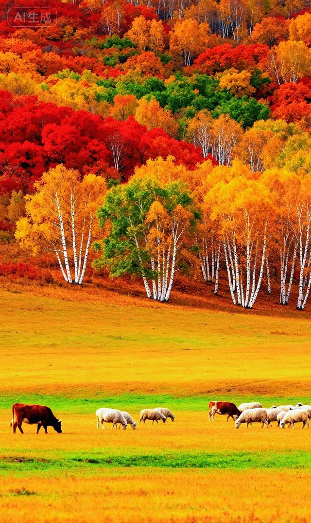 层林染金：秋野里的牛羊与彩树