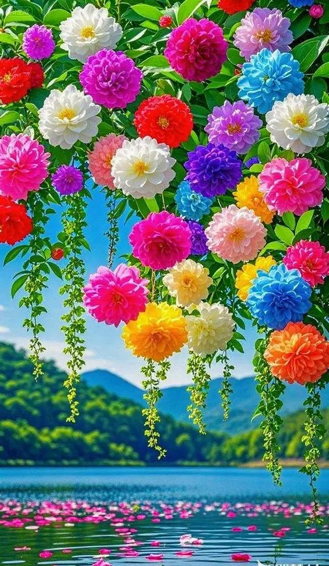 五彩繁花垂湖岸，山水共赏好风光