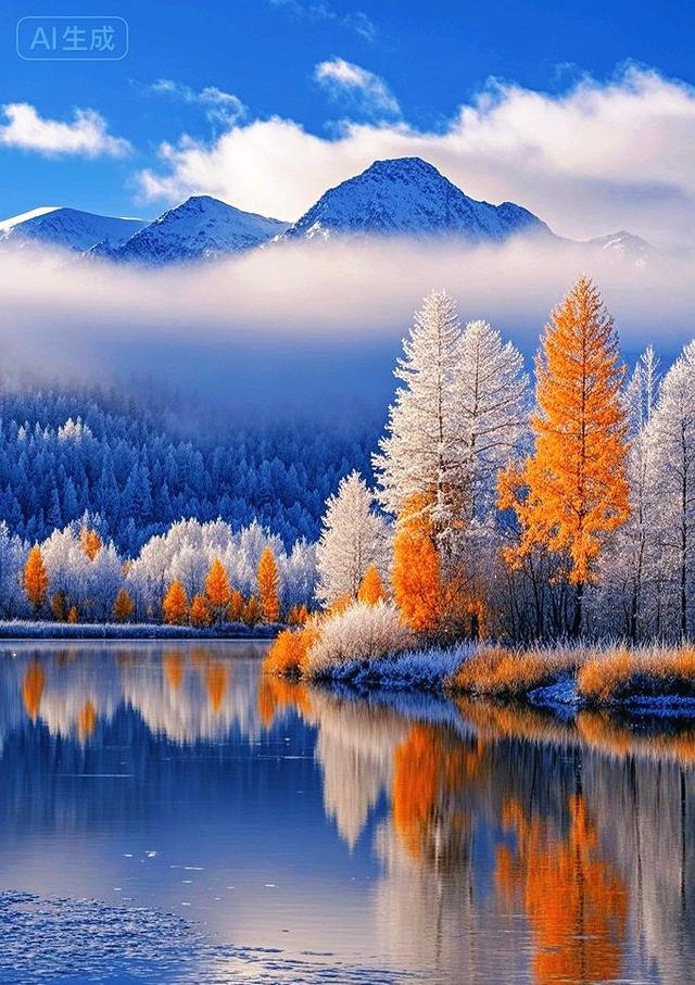 初雪吻过的金林，在镜湖里映成冰峰的温柔