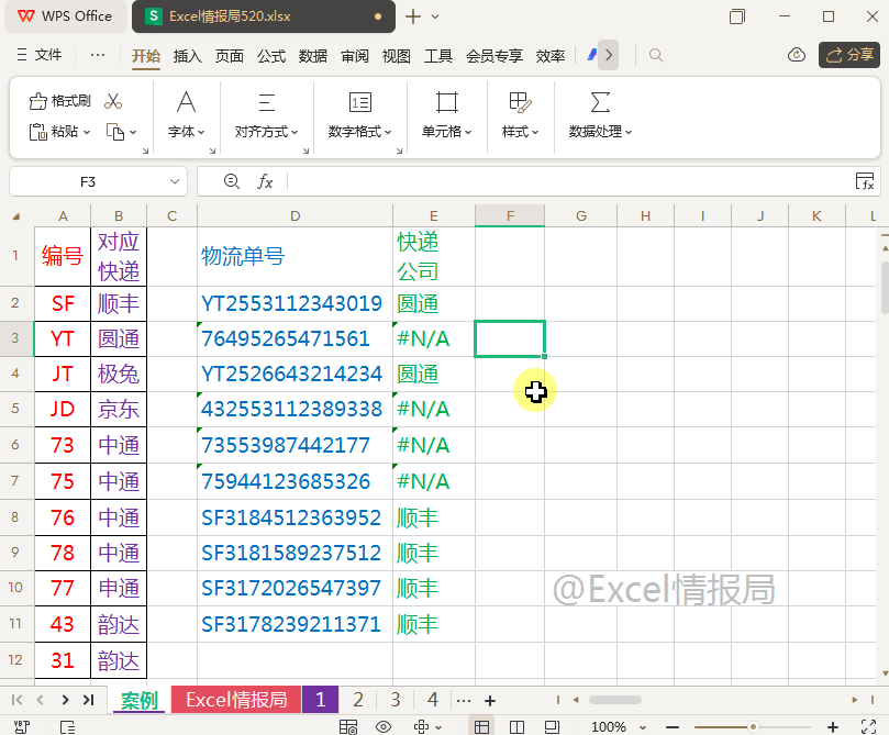 vlookup+mid+iferror函数，根据物流单号填写快递公司