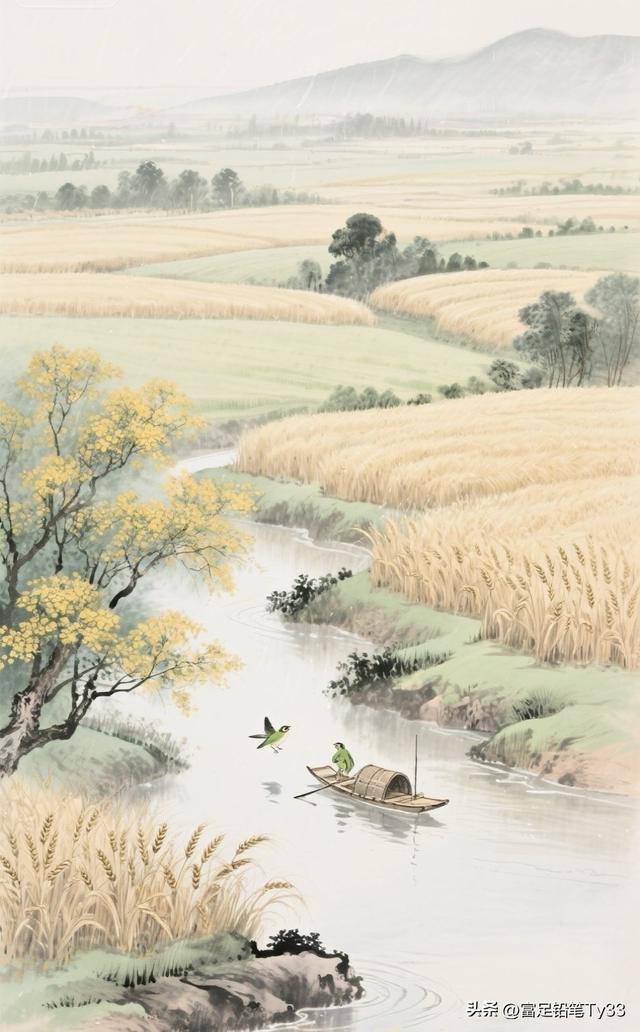 在田园风光中，划船的农夫与飞翔鸟儿，构成了一幅宁静的乡村画卷