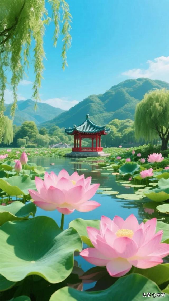满塘盛开着粉嫩的荷花，宽大翠绿的莲叶层层叠叠，尽显生机与美丽