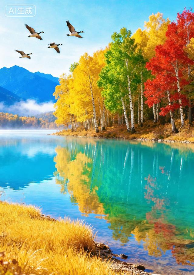 秋日湖泊彩林