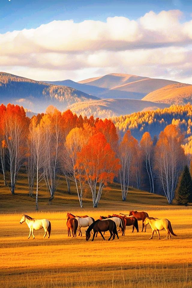 斑斓树影下，秋原里的自在马群