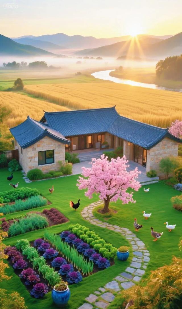 是谁的梦中院子，鸡鸭满园、菜绿花香，远山雾霭超治愈
