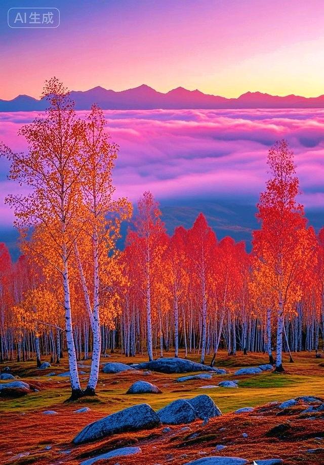 红花桦拥秋阳，奇峰入抱云海阔，山河美景任徜徉