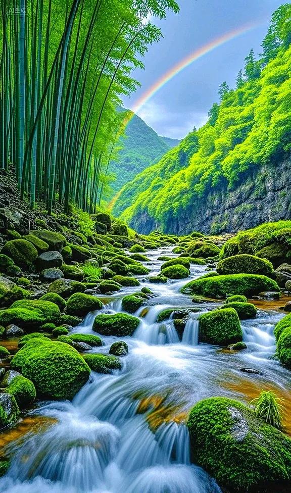 走进翠绿竹林，邂逅潺潺溪流与梦幻彩虹 ，心都被这方天地治愈啦~