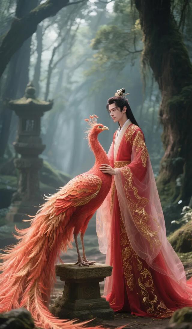 奇幻之境:红衣女子与火鸟在仙气森林的绝美邂逅