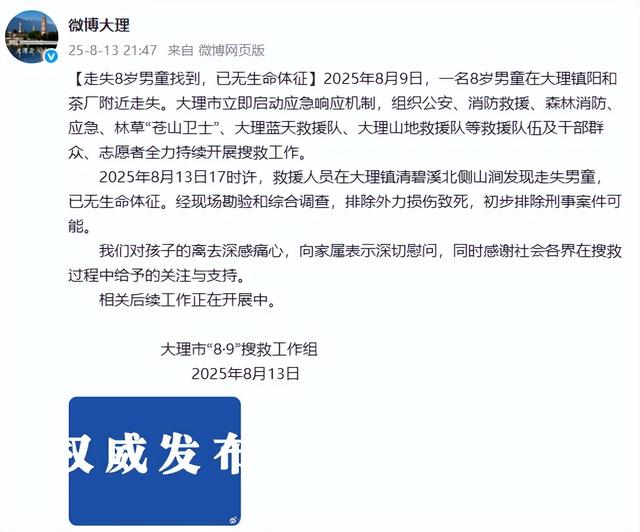 大理通报男童走失后身亡：排除刑案