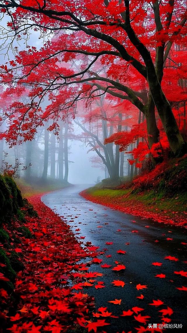 雾霭轻抚山峦，红枫似火